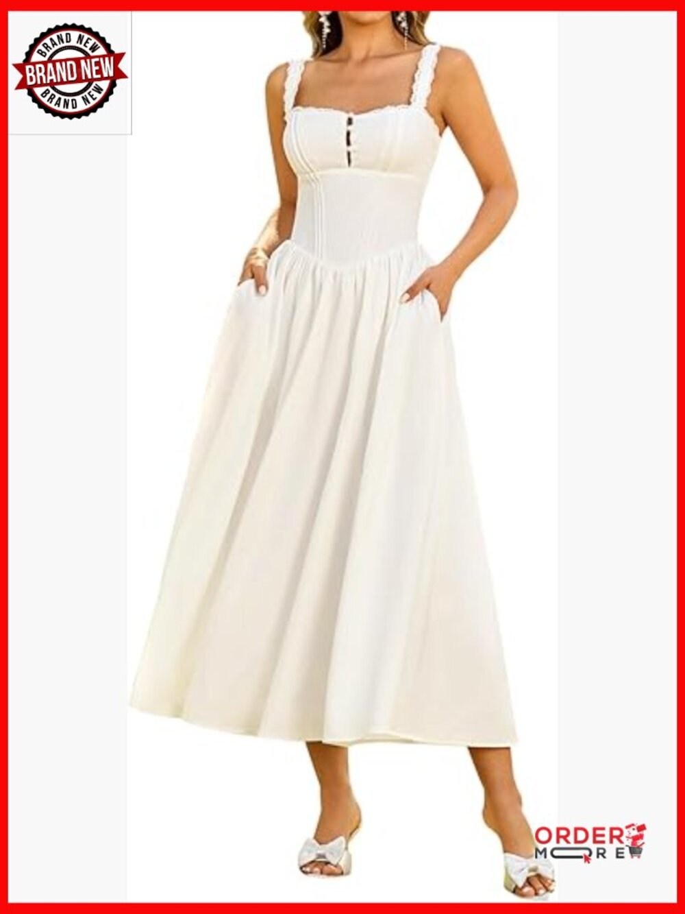 Women Corset Midi Dress Flowy Lace Smocked A Line Dress with Pockets